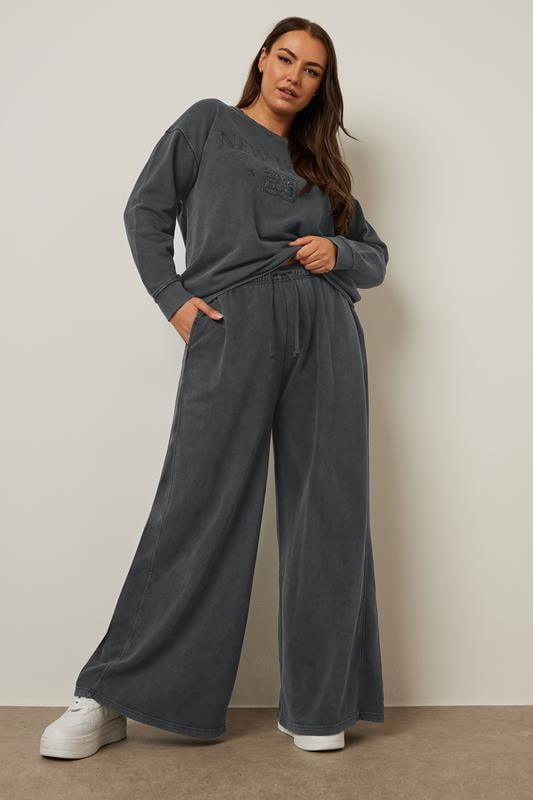 Evans YOURS Curve Charcoal Grey Washed Wide Leg Joggers