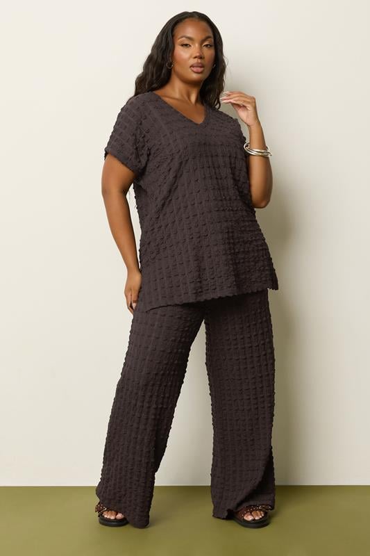Evans YOURS Curve Chocolate Brown Bubble Textured Wide Leg Trousers