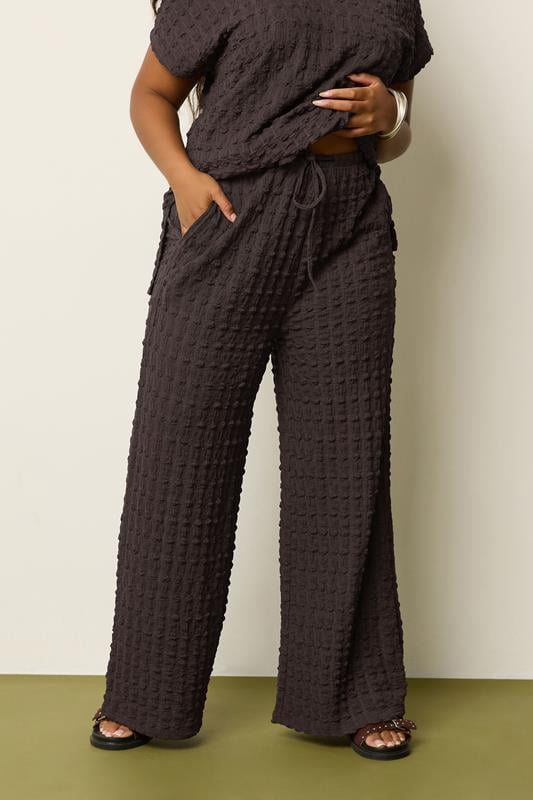 evans YOURS Curve Chocolate Brown Bubble Textured Wide Leg Trousers