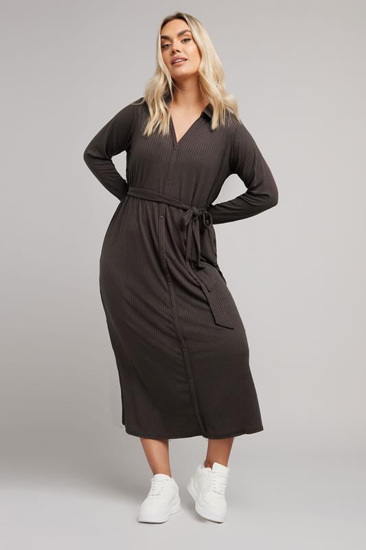 Evans YOURS Curve Chocolate Brown Button Front Ribbed Tie Waist Midi Dress