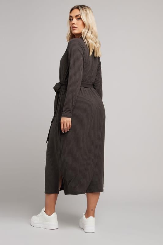 Evans YOURS Curve Chocolate Brown Button Front Ribbed Tie Waist Midi Dress