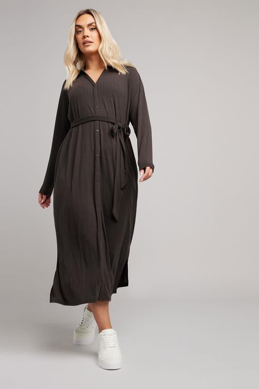 evans YOURS Curve Chocolate Brown Button Front Ribbed Tie Waist Midi Dress