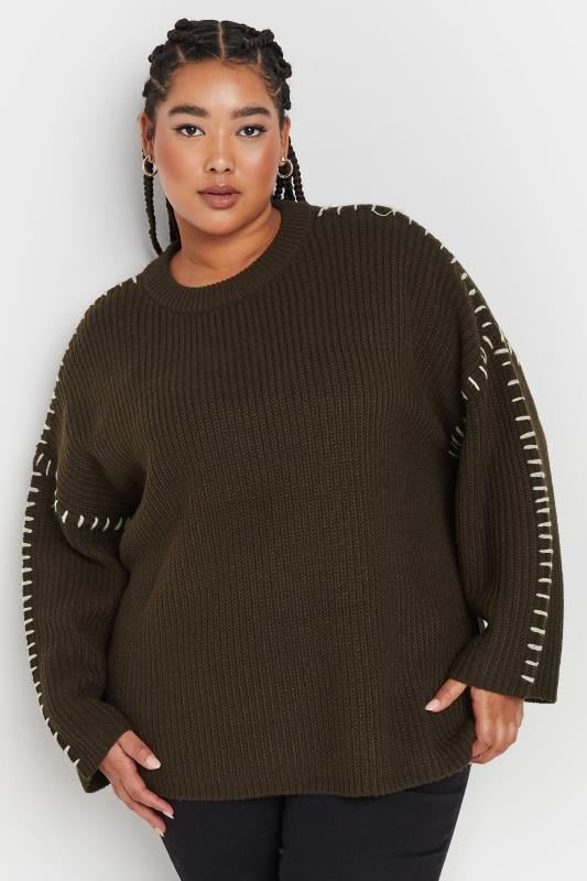 Evans YOURS Curve Chocolate Brown Contrast Stitch Knitted Jumper