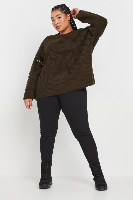 Evans YOURS Curve Chocolate Brown Contrast Stitch Knitted Jumper
