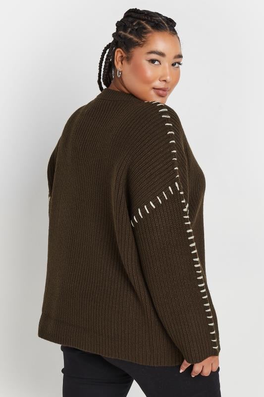 Evans YOURS Curve Chocolate Brown Contrast Stitch Knitted Jumper