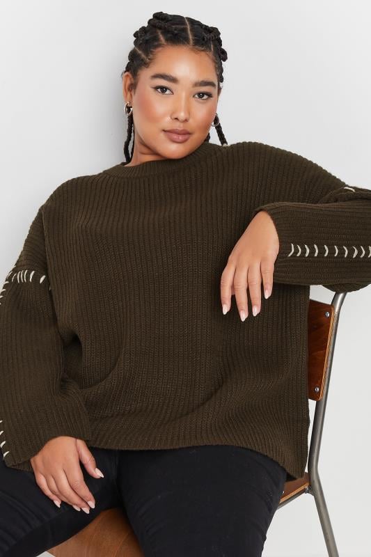 evans YOURS Curve Chocolate Brown Contrast Stitch Knitted Jumper