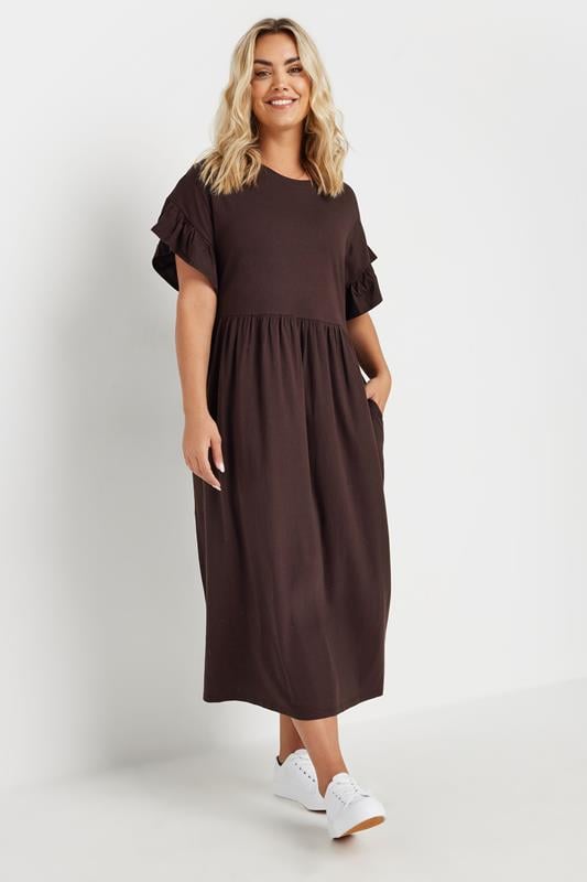 Evans YOURS Curve Chocolate Brown Frill Cotton Midaxi Dress