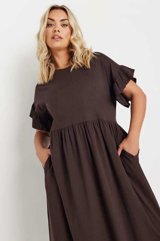 Evans YOURS Curve Chocolate Brown Frill Cotton Midaxi Dress