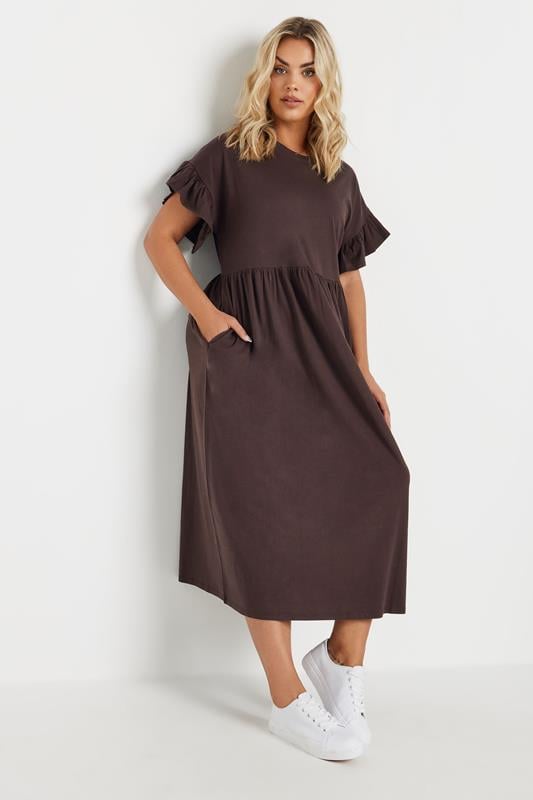 evans YOURS Curve Chocolate Brown Frill Cotton Midaxi Dress