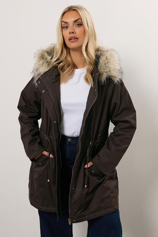 evans YOURS Curve Chocolate Brown Fur Trim Parka Coat