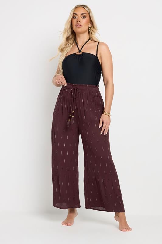Evans YOURS Curve Chocolate Brown Metallic Dobby Beach Trousers