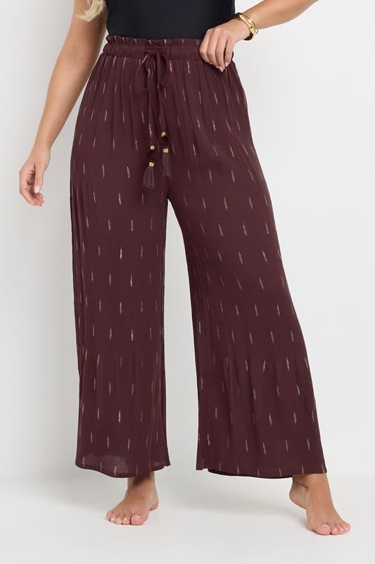 Evans YOURS Curve Chocolate Brown Metallic Dobby Beach Trousers