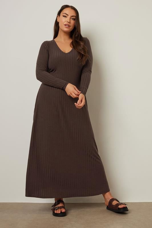 Evans YOURS Curve Chocolate Brown Ribbed Flare Maxi Dress