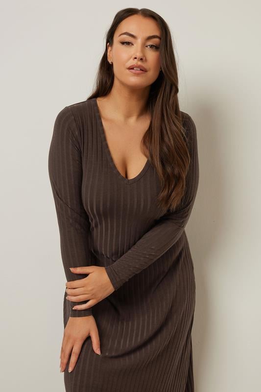Evans YOURS Curve Chocolate Brown Ribbed Flare Maxi Dress