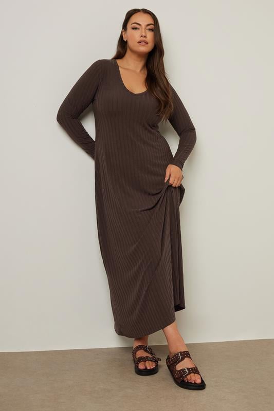 evans YOURS Curve Chocolate Brown Ribbed Flare Maxi Dress