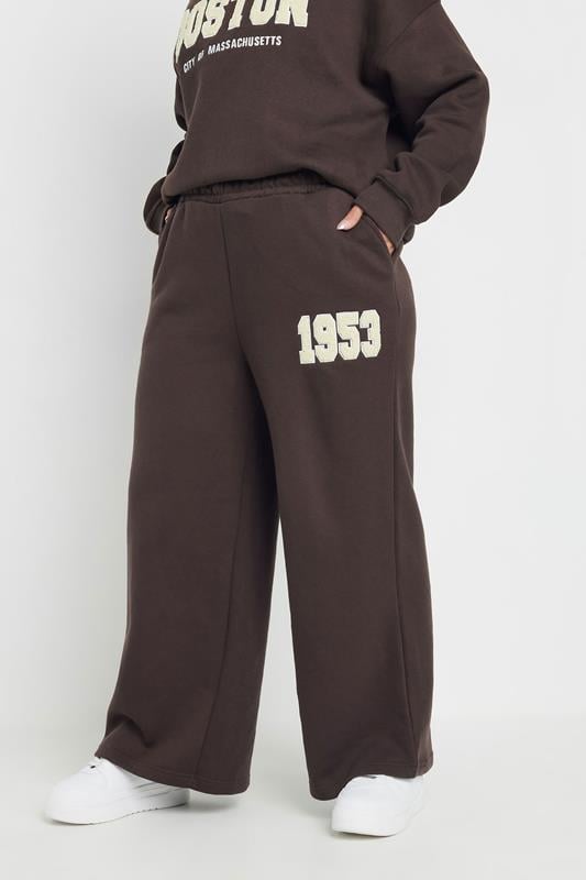 Evans YOURS Curve Chocolate Brown Slogan Wide Leg Joggers