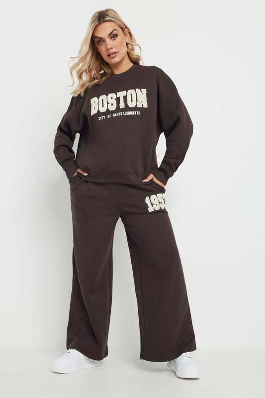 Evans YOURS Curve Chocolate Brown Slogan Wide Leg Joggers