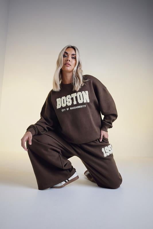 evans YOURS Curve Chocolate Brown Slogan Wide Leg Joggers
