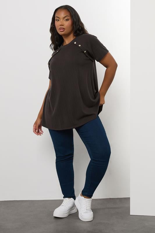Evans YOURS Curve Chocolate Brown Textured Button Swing Top