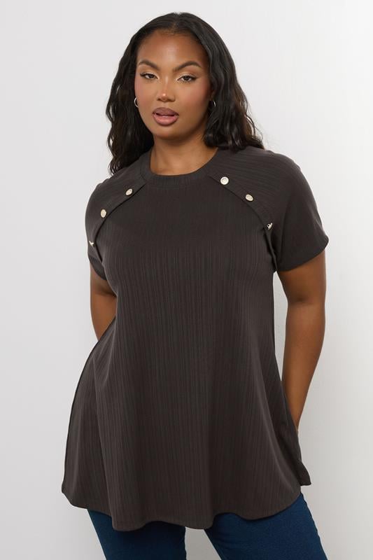 evans YOURS Curve Chocolate Brown Textured Button Swing Top