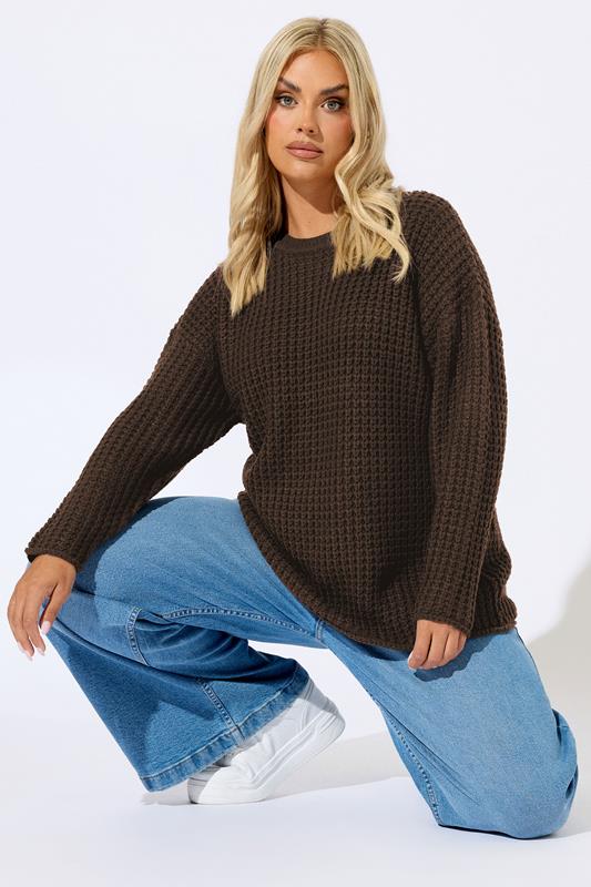 evans YOURS Curve Chocolate Brown Waffle Knit Jumper