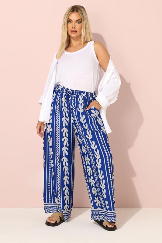 Evans YOURS Curve Cobalt Blue Aztec Leaf Wide Leg Trousers