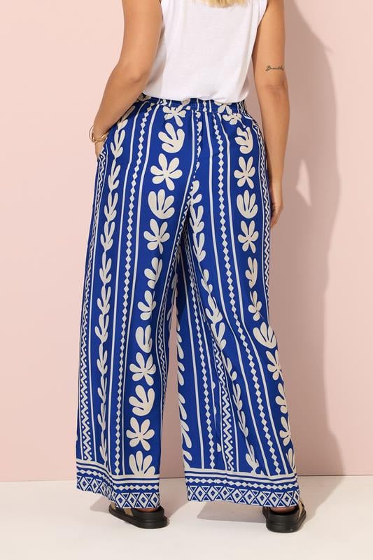 Evans YOURS Curve Cobalt Blue Aztec Leaf Wide Leg Trousers
