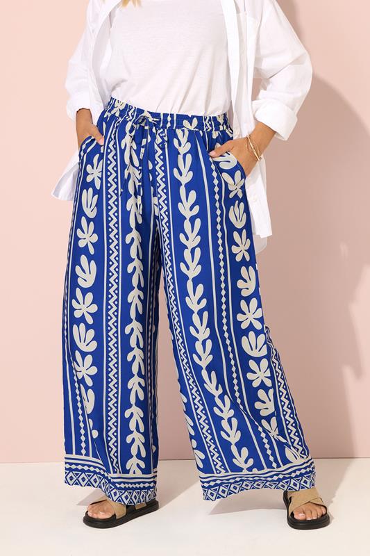 evans YOURS Curve Cobalt Blue Aztec Leaf Wide Leg Trousers