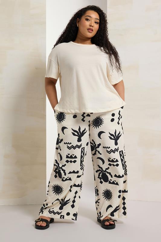 Evans YOURS Curve Cream Abstract Print Twill Wide Leg Trousers