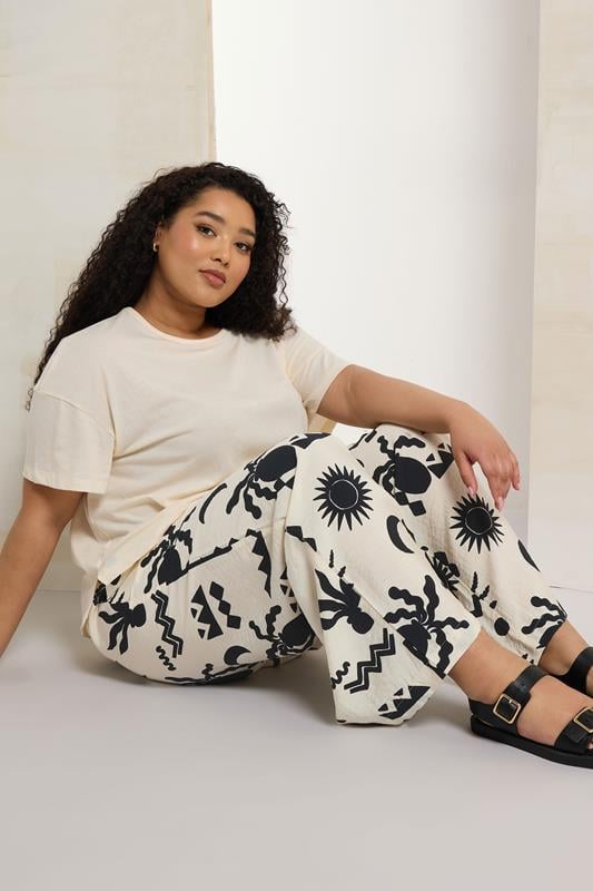 Evans YOURS Curve Cream Abstract Print Twill Wide Leg Trousers