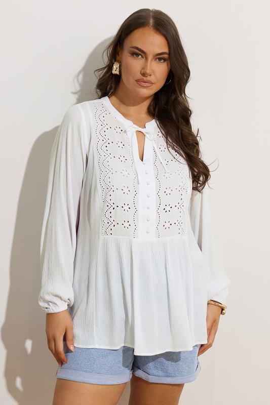 Evans YOURS Curve Cream Broderie Anglaise Tie Neck Blouse