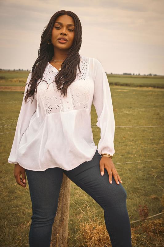 evans YOURS Curve Cream Broderie Anglaise Tie Neck Blouse