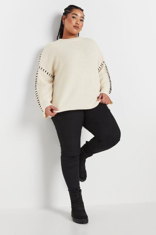 Evans YOURS Curve Cream Contrast Stitch Knitted Jumper