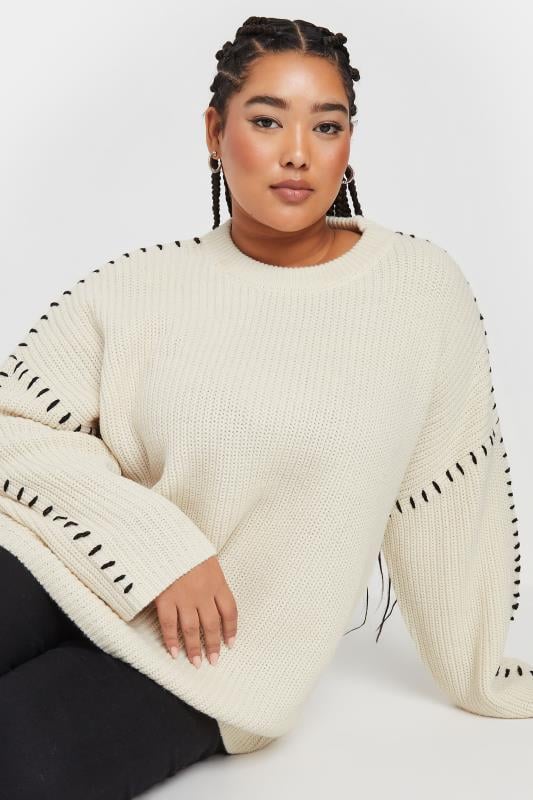Evans YOURS Curve Cream Contrast Stitch Knitted Jumper
