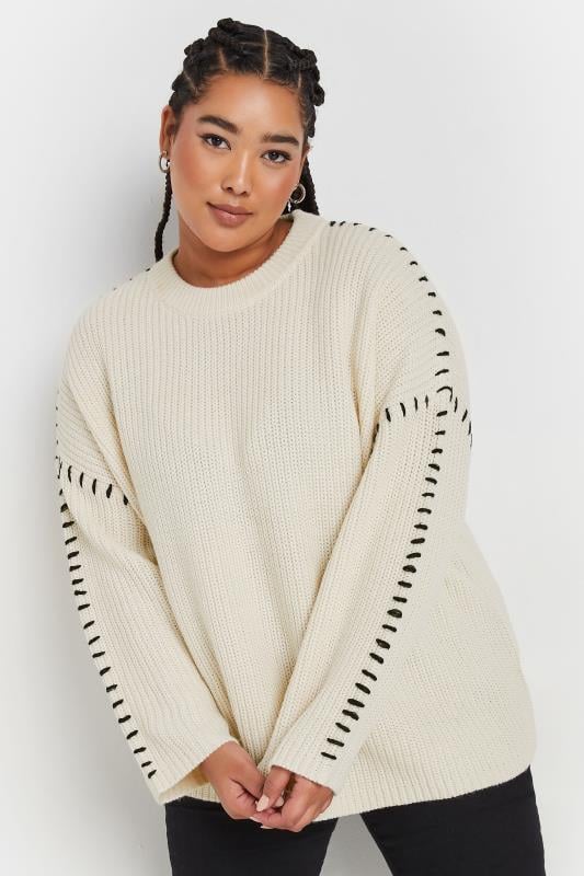 evans YOURS Curve Cream Contrast Stitch Knitted Jumper