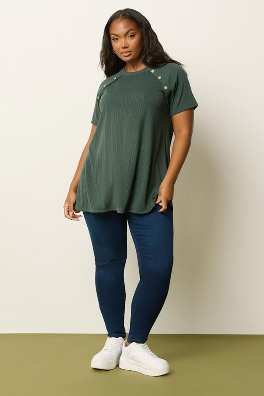 Evans YOURS Curve Dark Green Textured Button Swing Top