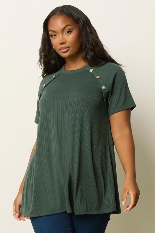 evans YOURS Curve Dark Green Textured Button Swing Top