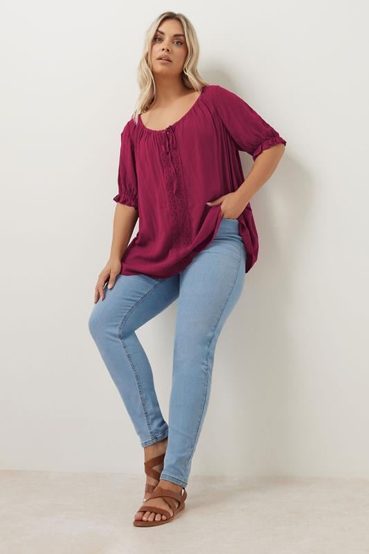 Evans YOURS Curve Dark Pink Crochet Detail Tie Front Top