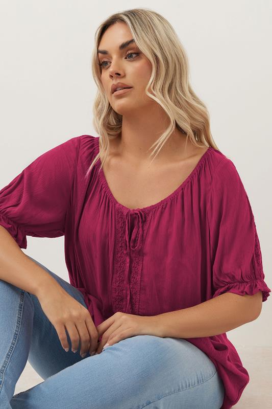 Evans YOURS Curve Dark Pink Crochet Detail Tie Front Top