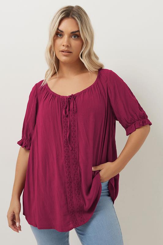 evans YOURS Curve Dark Pink Crochet Detail Tie Front Top