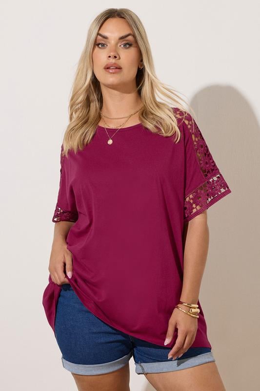Evans YOURS Curve Dark Pink Crochet Sleeve Boxy T-Shirt