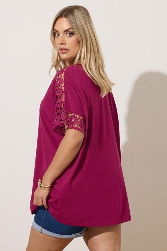 Evans YOURS Curve Dark Pink Crochet Sleeve Boxy T-Shirt