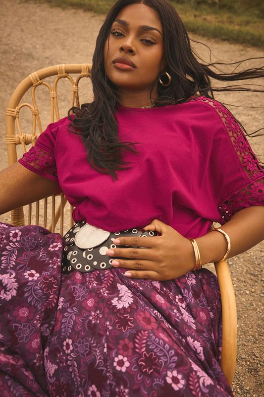 evans YOURS Curve Dark Pink Crochet Sleeve Boxy T-Shirt