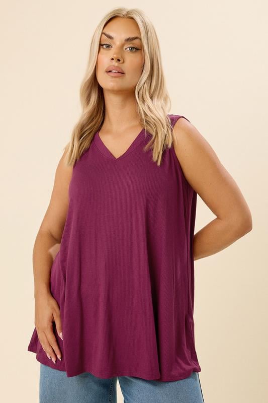 evans YOURS Curve Dark Pink Elevated Ribbed Vest Top