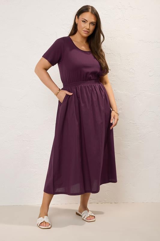 Evans YOURS Curve Dark Purple Jersey & Woven Mix Fabric Midaxi Skater Dress