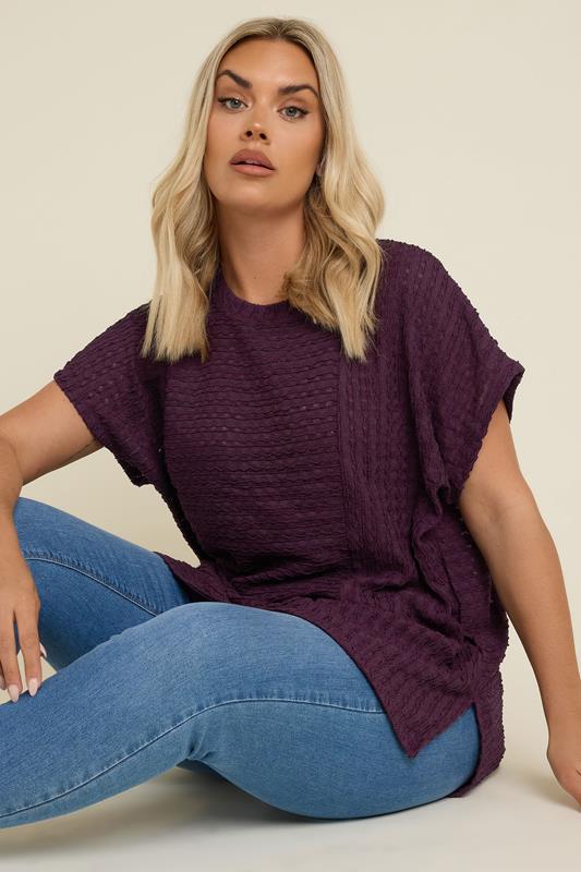 Evans YOURS Curve Dark Purple Textured Split Seam Top