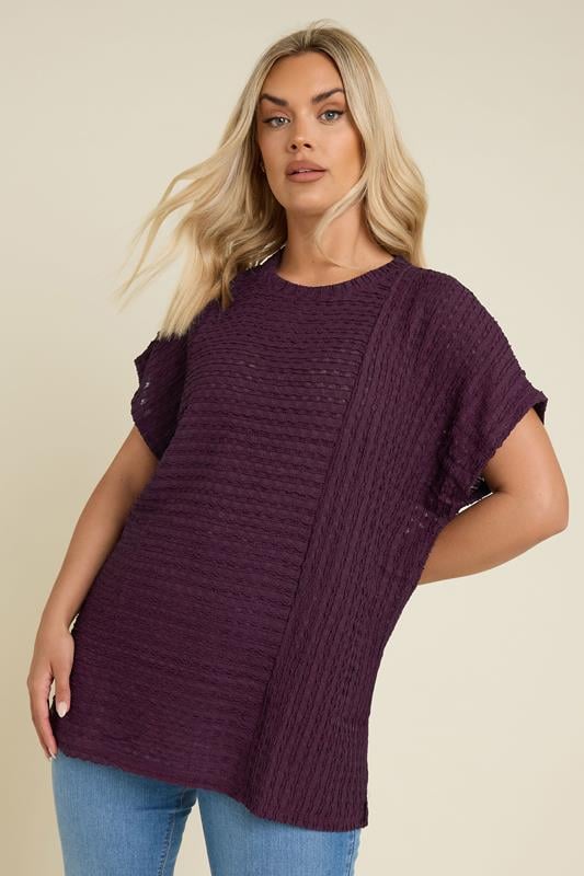 evans YOURS Curve Dark Purple Textured Split Seam Top