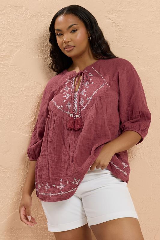 Evans YOURS Curve Dark Red Embroidered Tie Neck Blouse
