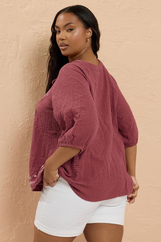 Evans YOURS Curve Dark Red Embroidered Tie Neck Blouse