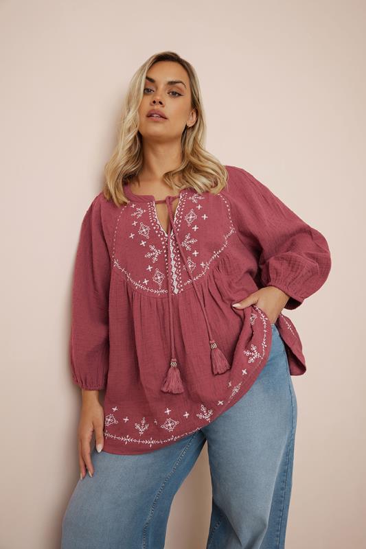 evans YOURS Curve Dark Red Embroidered Tie Neck Blouse